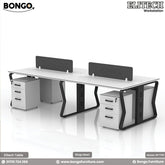 Modern office desk with partitions and drawers, featuring Bongo and Elitech branding.