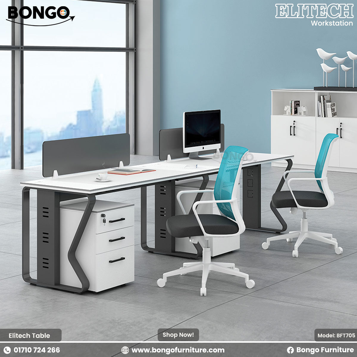 Modern office setup with desks, chairs, and computer monitors in a bright room.