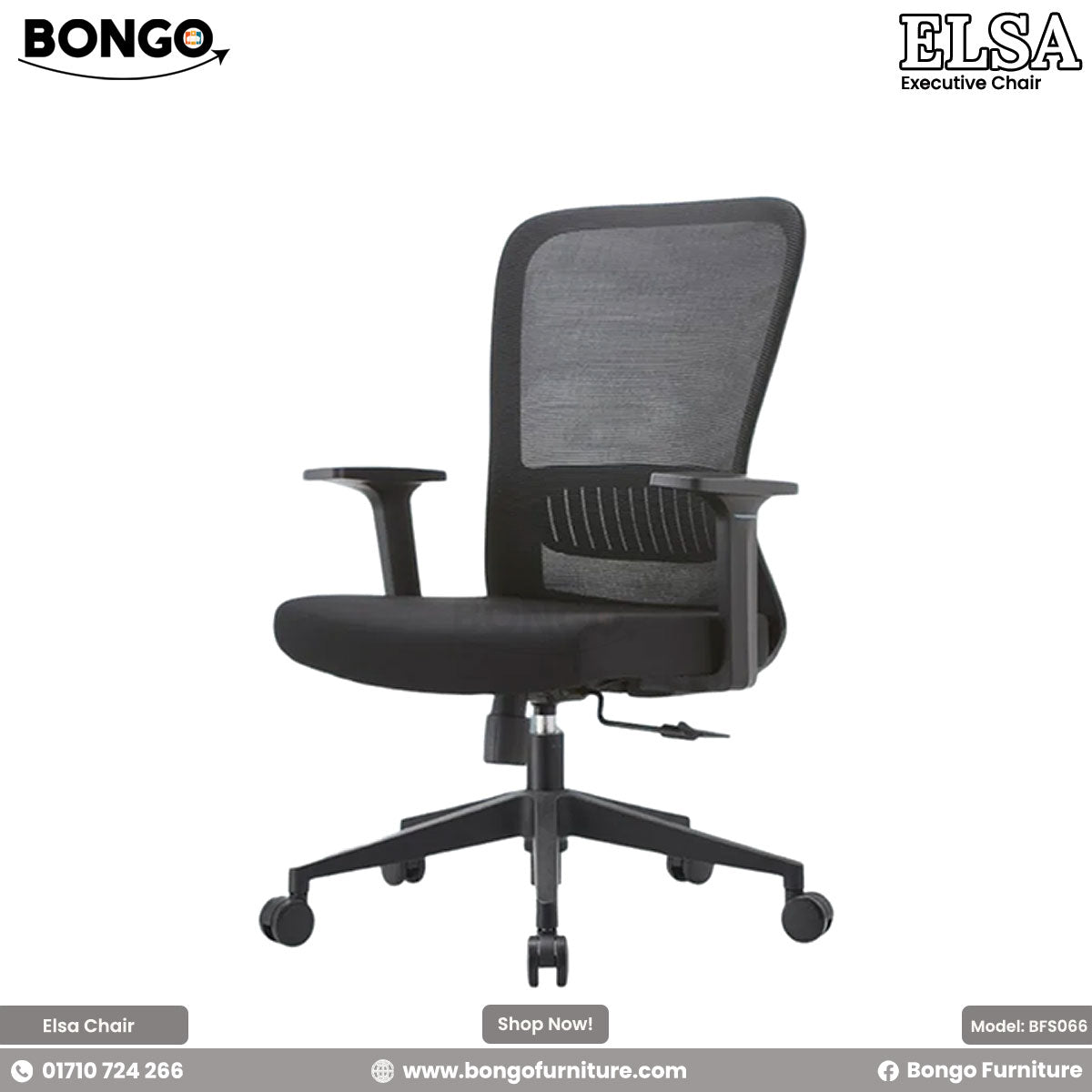 A promotional image of the 'Executive Chair ELSA' from BONGO. The all-black ergonomic chair features a curved mesh back, a fabric seat, T-shaped armrests, and a five-star base with casters, shown against a plain white background.