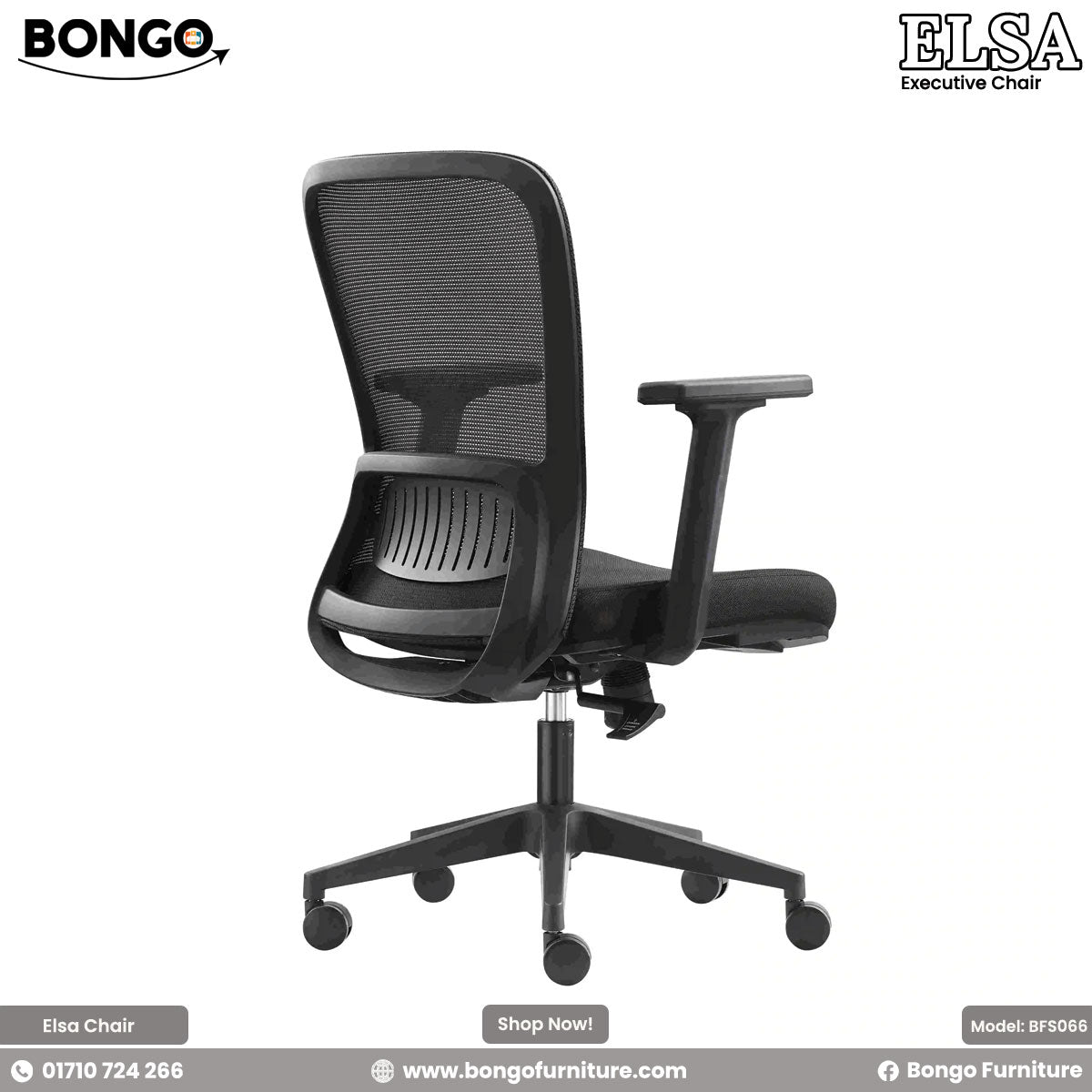 A promotional image of the 'Executive Chair ELSA' from BONGO, shown in a side profile. The all-black ergonomic chair features a curved mesh back, a fabric seat, T-shaped armrests, and a five-star base with casters.