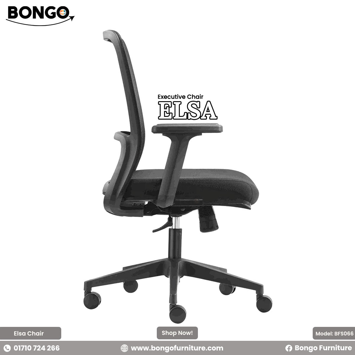 A promotional image of the 'Executive Chair ELSA' from BONGO, shown in a side profile. The all-black ergonomic chair features a curved mesh back, a fabric seat, T-shaped armrests, and a five-star base with casters.