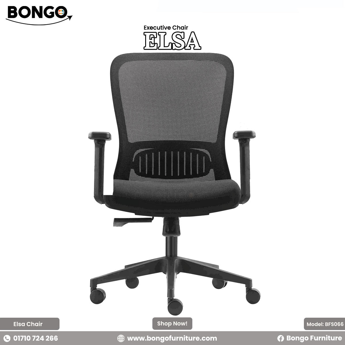A promotional image of the 'Executive Chair ELSA' from BONGO, shown in a side profile. The all-black ergonomic chair features a curved mesh back, a fabric seat, T-shaped armrests, and a five-star base with casters.