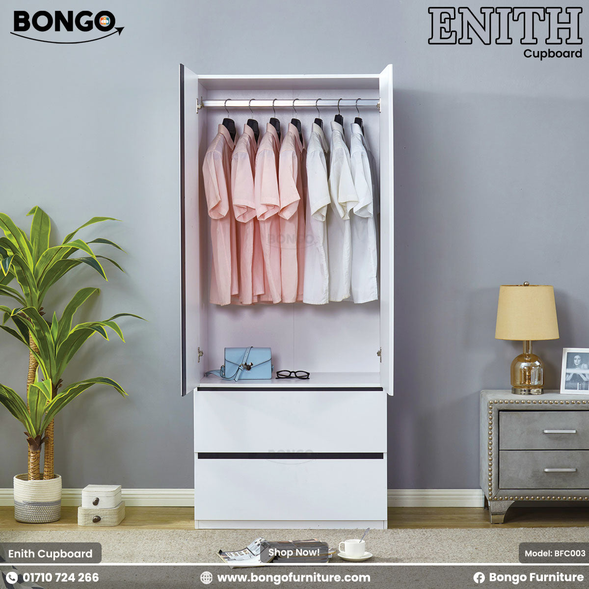 White wardrobe with clothes inside, plant, and lamp on a gray wall background