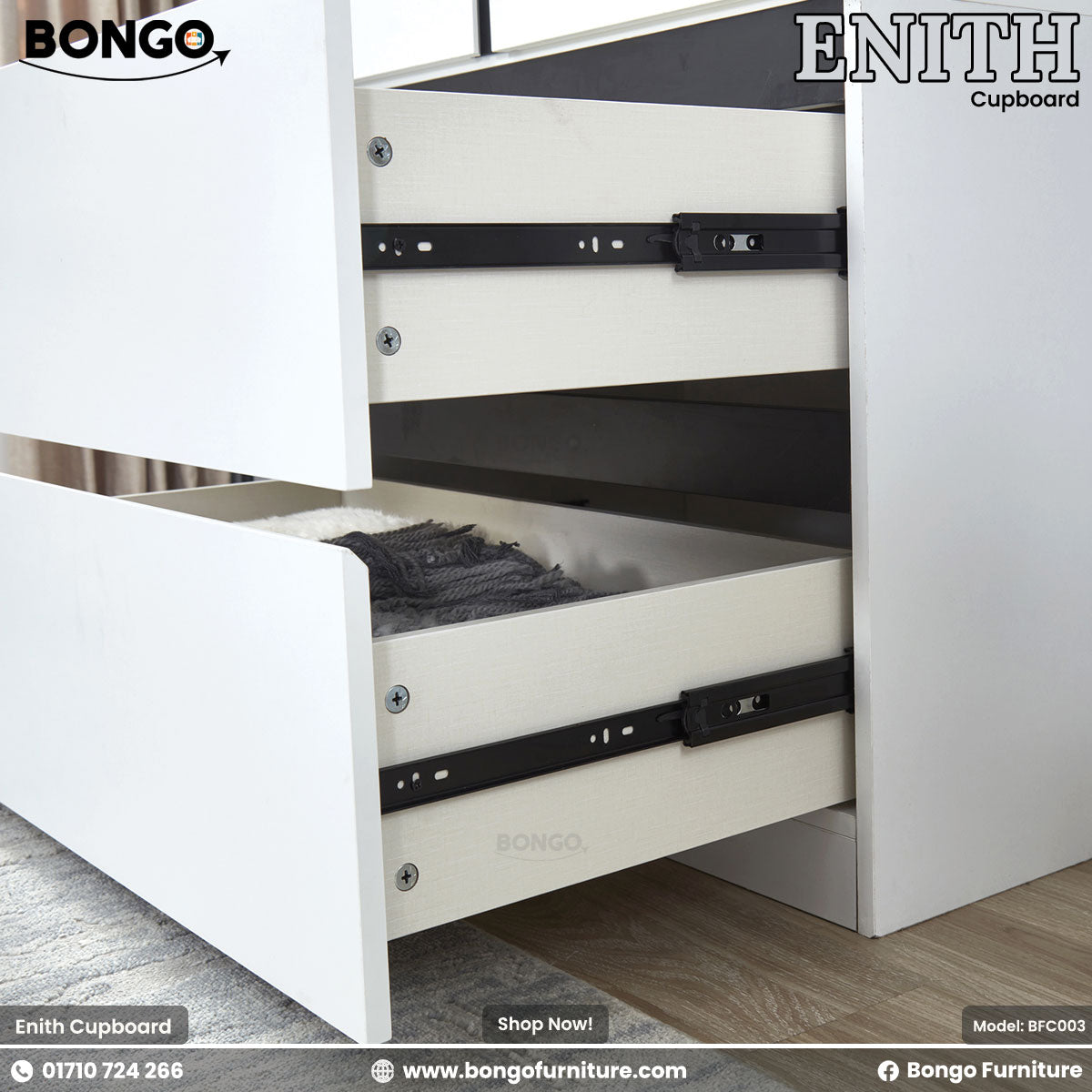 White cupboard with open drawer showing Bongo and Enith branding.