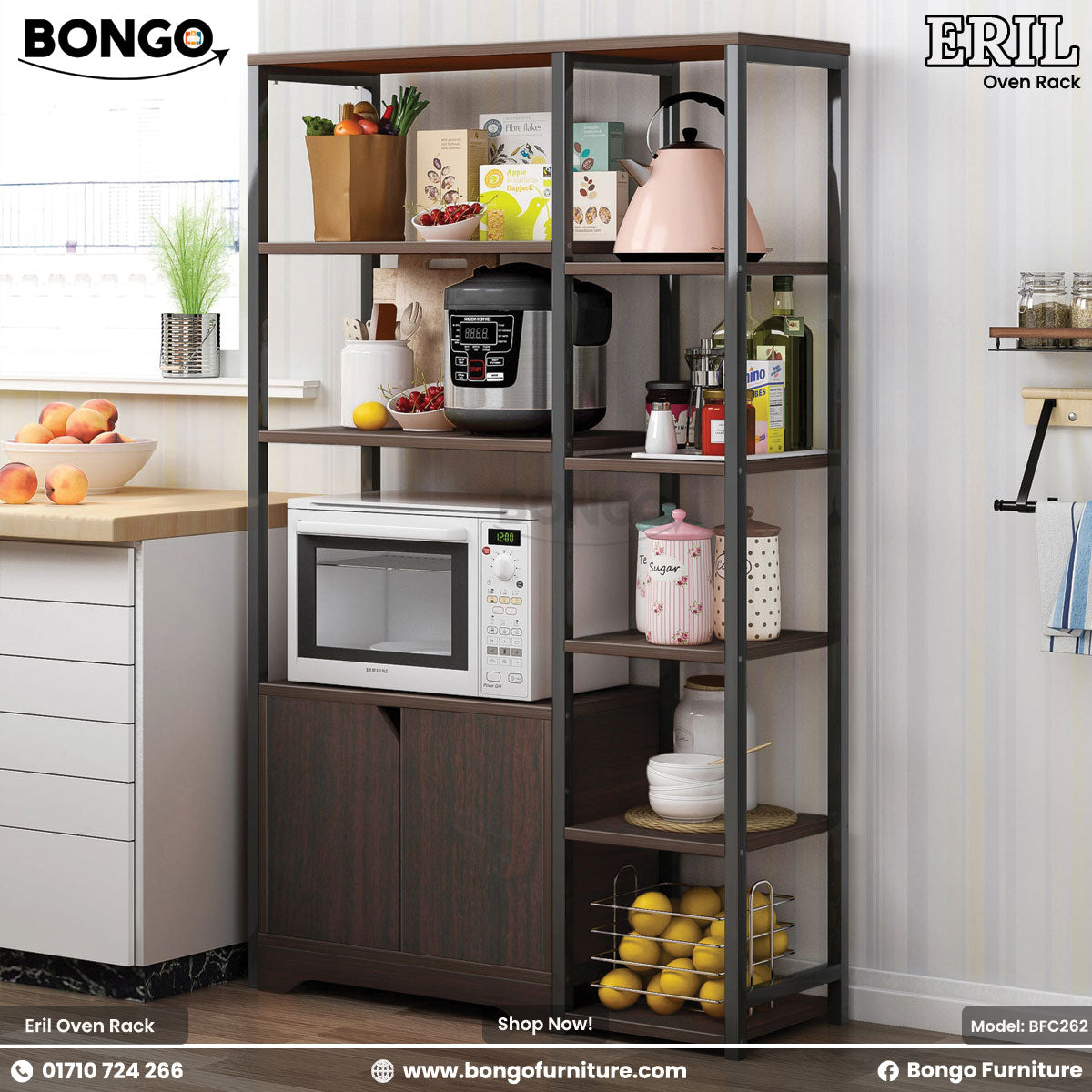 A multi-tiered oven rack made of steel and laminated board, featuring spaces for storing kitchen appliances and items, positioned in a kitchen setting with a microwave oven placed on one of the shelves.