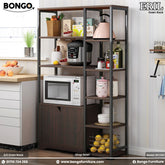 A multi-tiered oven rack made of steel and laminated board, featuring spaces for storing kitchen appliances and items, positioned in a kitchen setting with a microwave oven placed on one of the shelves.