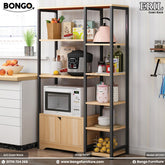 A multi-tiered oven rack made of steel and laminated board, featuring spaces for storing kitchen appliances and items, positioned in a kitchen setting with a microwave oven placed on one of the shelves.