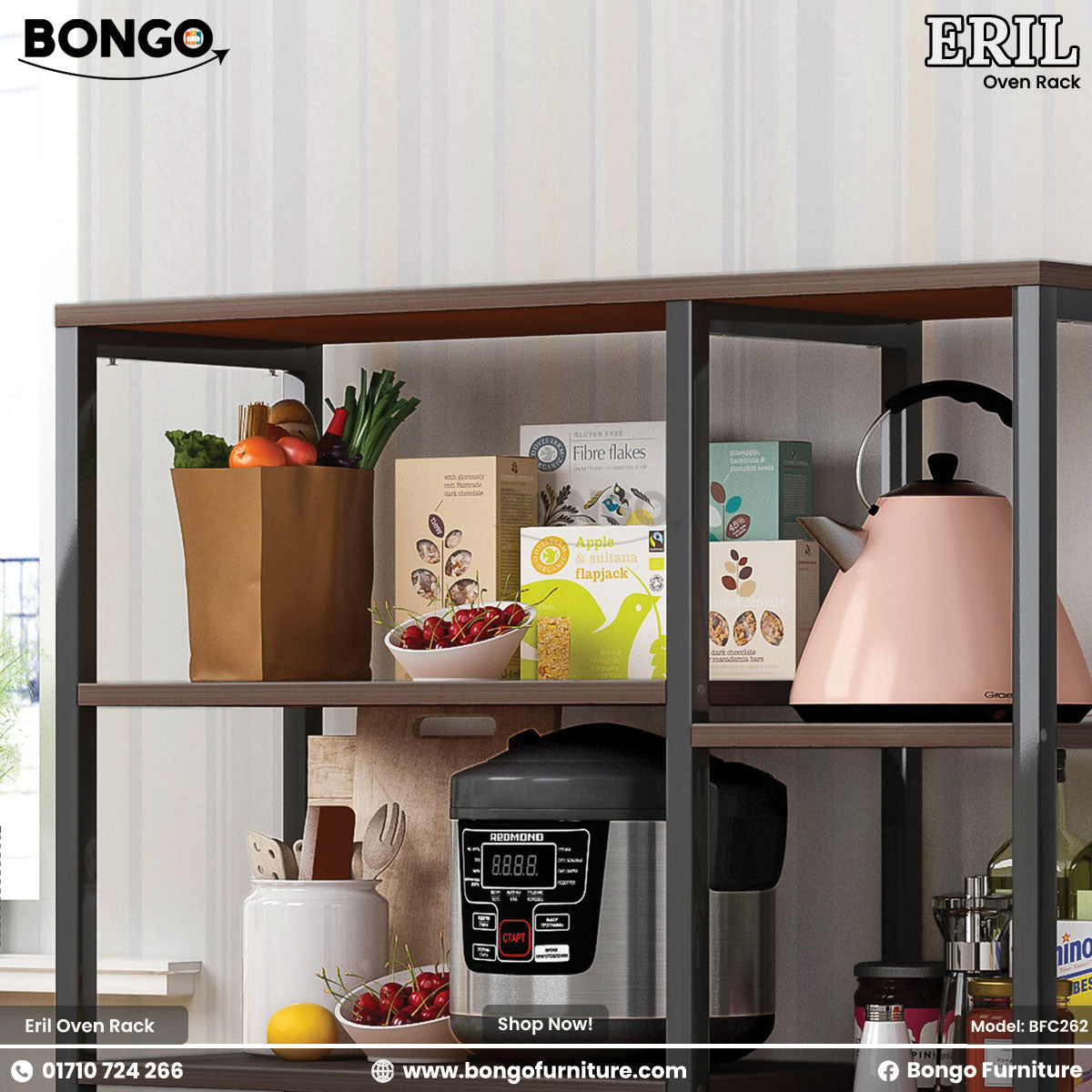 A close-up of the 'ERIL Oven Rack' by BONGO, showing two dark wood-grain shelves with a black metal frame. The lower shelf holds a pressure cooker and a bowl of cherries, while the upper shelf is stocked with a pink kettle, a grocery bag of vegetables, and cereal boxes.