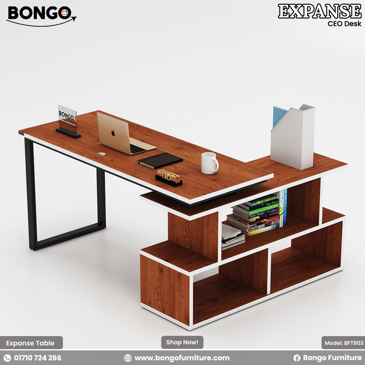 Water Resistant Strong Laminated Board office desk with shelves and Bongo Furniture branding