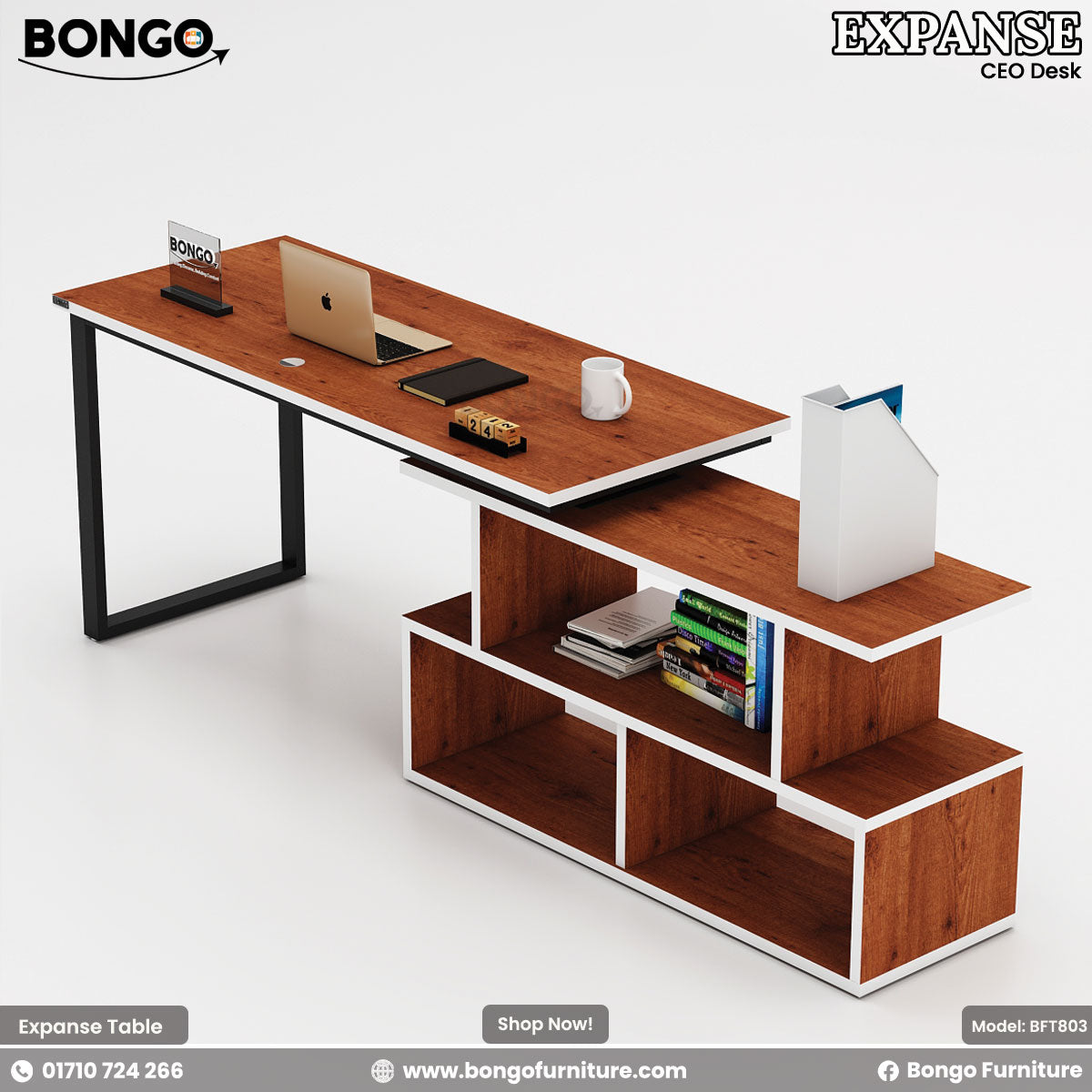 Water Resistant Strong Laminated Board office desk with shelves and Bongo Furniture branding