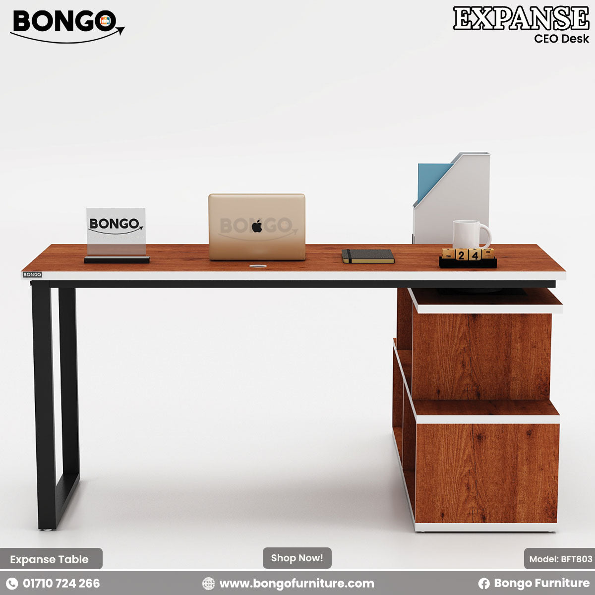 Water Resistant Strong Laminated Board office desk with Bongo and Exppanse branding on a white background