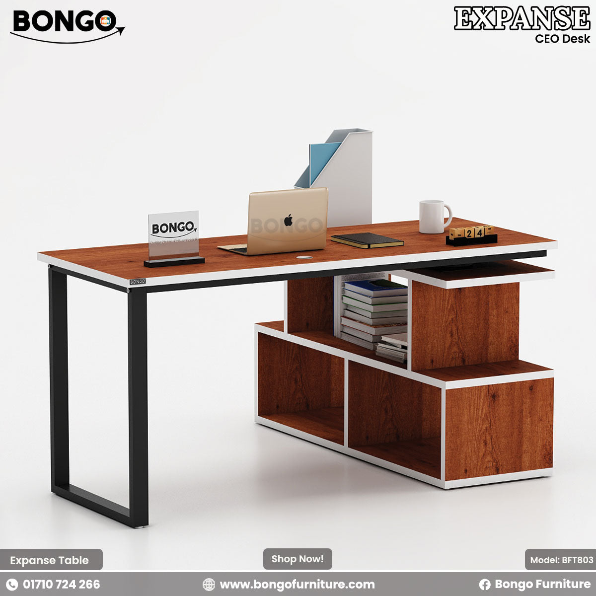 Water Resistant Strong Laminated Board office desk with shelves and a laptop on a white background, featuring Bongo Furniture branding.
