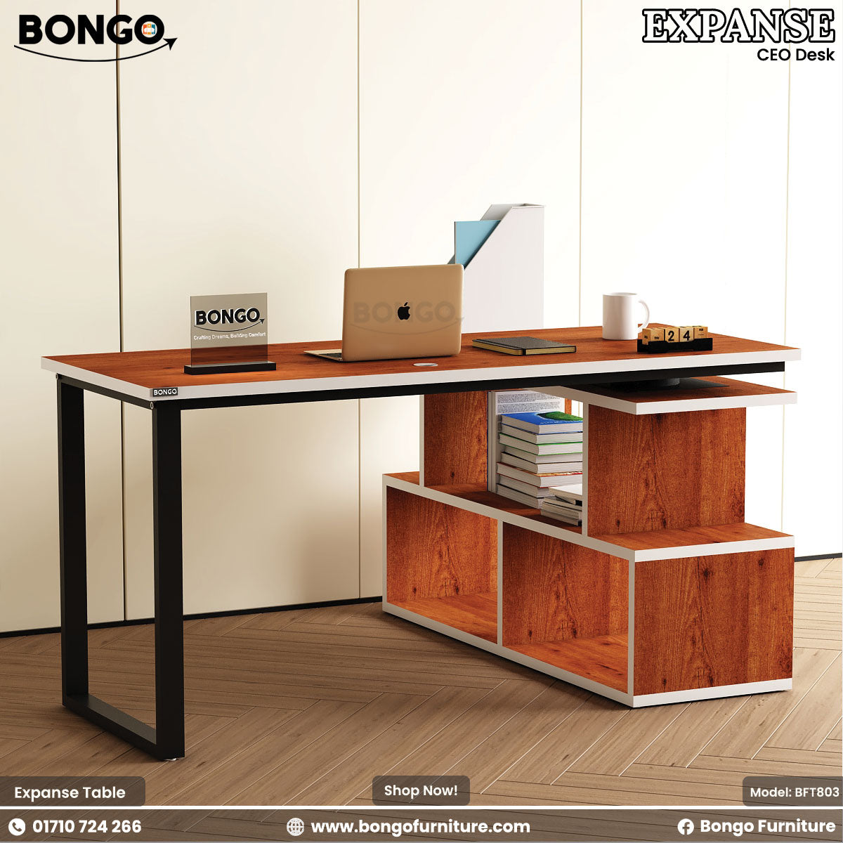 Water Resistant Strong Laminated Board desk with Bongo Furniture branding in an office setting