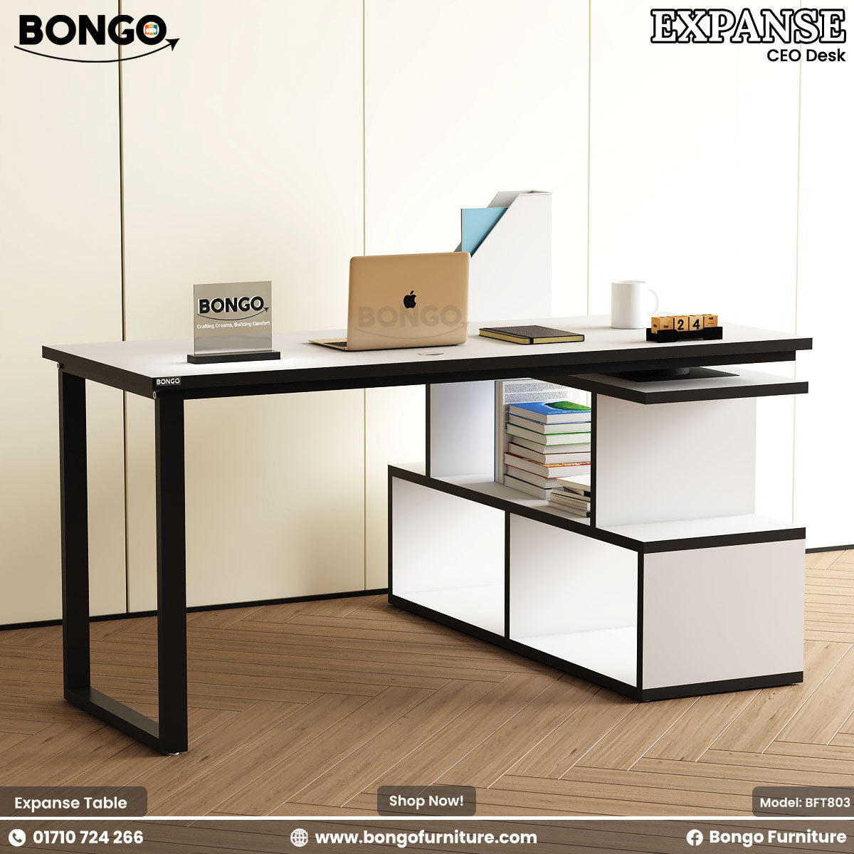 Bongo Furniture Expanse CEO desk with office items on a wooden floor.