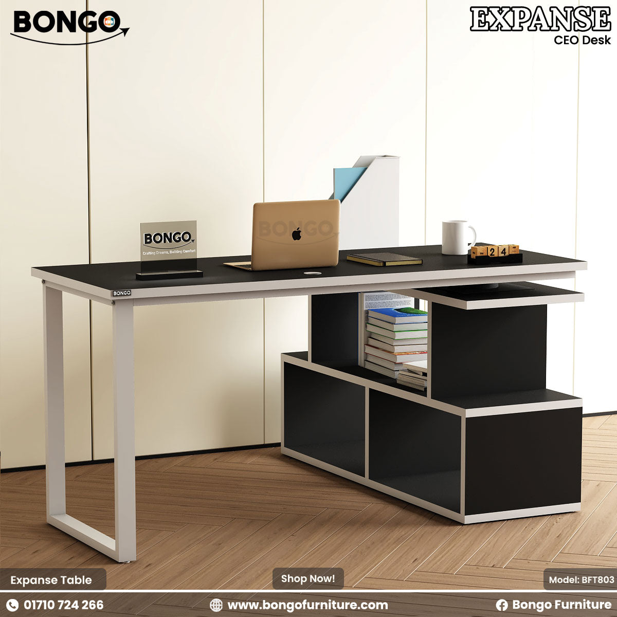 Bongo Furniture Expanse CEO Desk with laptop, books, and office supplies on a wooden floor.
