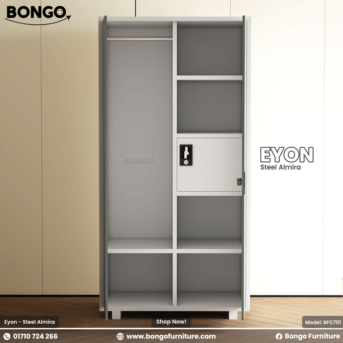 Bongo Eyon Steel Almirah with open doors on a neutral background