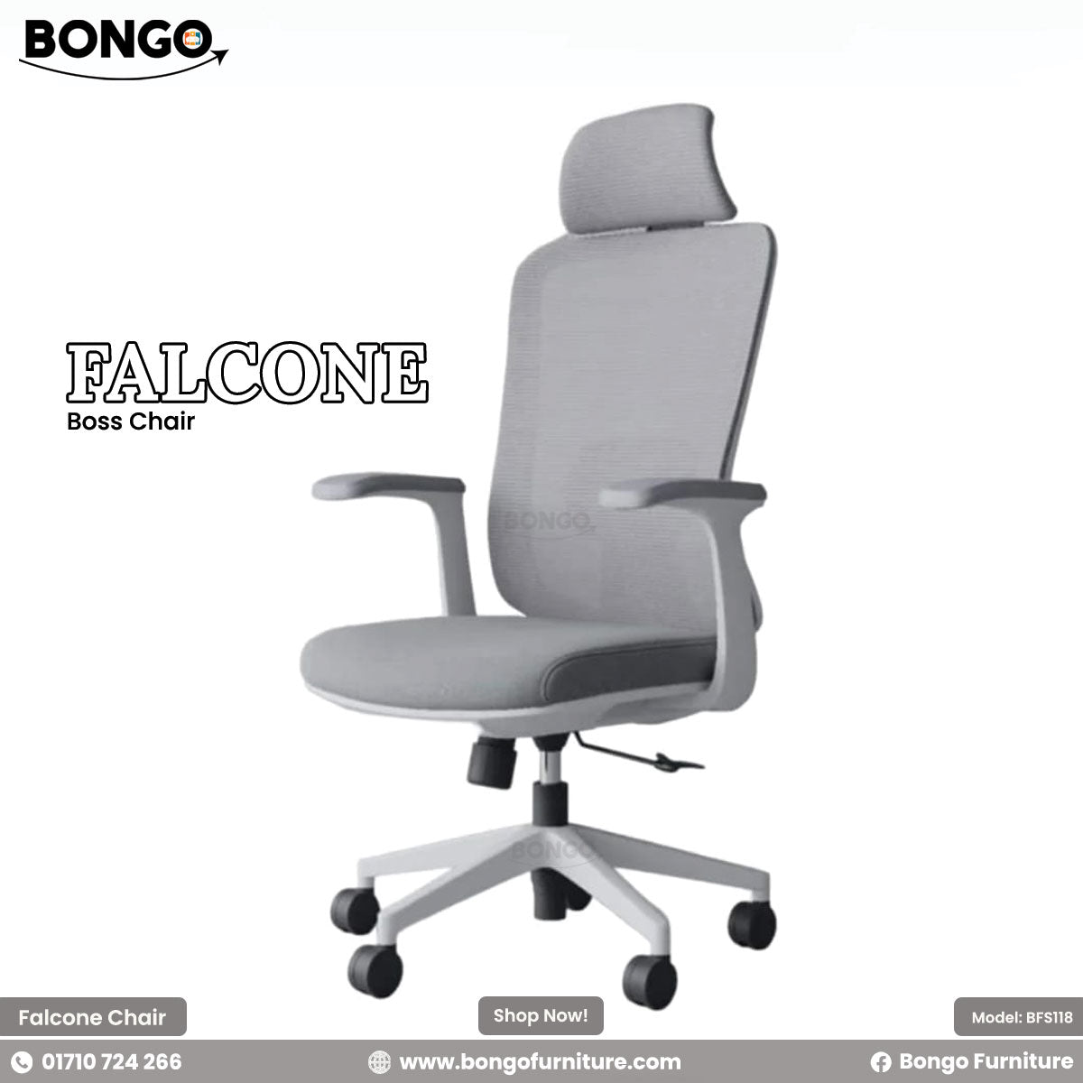 A promotional image of the "FALCONE Boss Chair" by Bongo. The modern ergonomic office chair is shown in a light grey and white color scheme. It features a high back made of breathable grey mesh, an adjustable padded headrest, a cushioned grey fabric seat, and a white five-star base with black caster wheels. The chair is set against a plain white background.