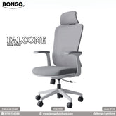 A promotional image of the "FALCONE Boss Chair" by Bongo. The modern ergonomic office chair is shown in a light grey and white color scheme. It features a high back made of breathable grey mesh, an adjustable padded headrest, a cushioned grey fabric seat, and a white five-star base with black caster wheels. The chair is set against a plain white background.