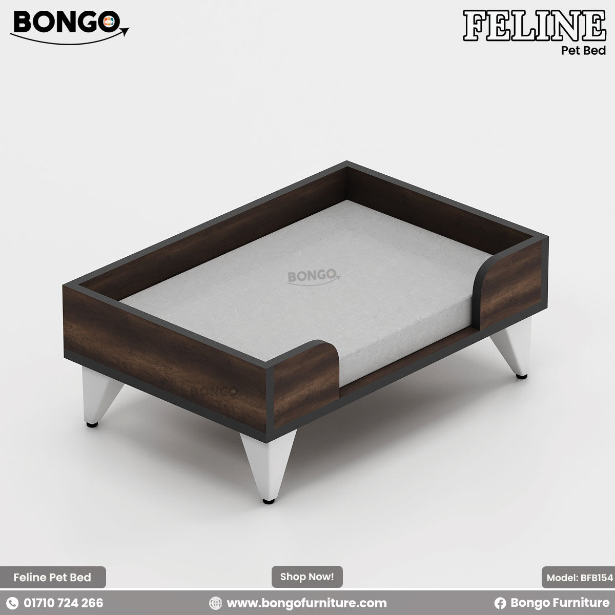 Water Resistant Strong Laminated Board pet bed with white cushion on a gray background, featuring Bongo Furniture branding.