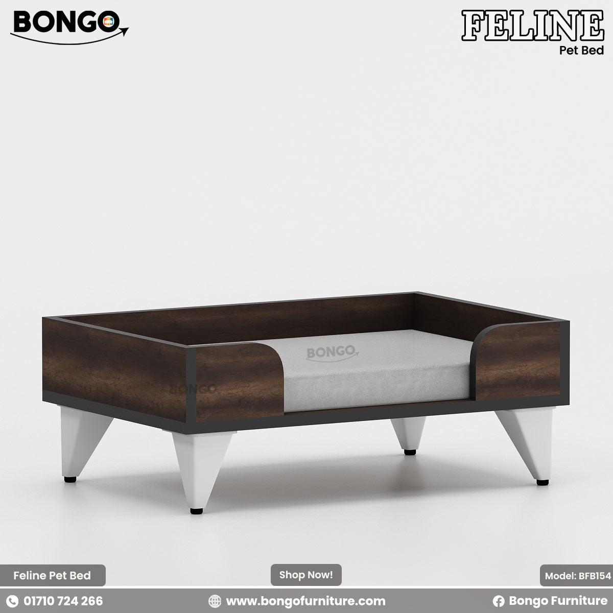 Bongo Feline pet bed with Water Resistant Strong Laminated Board frame and white cushion on a gray background