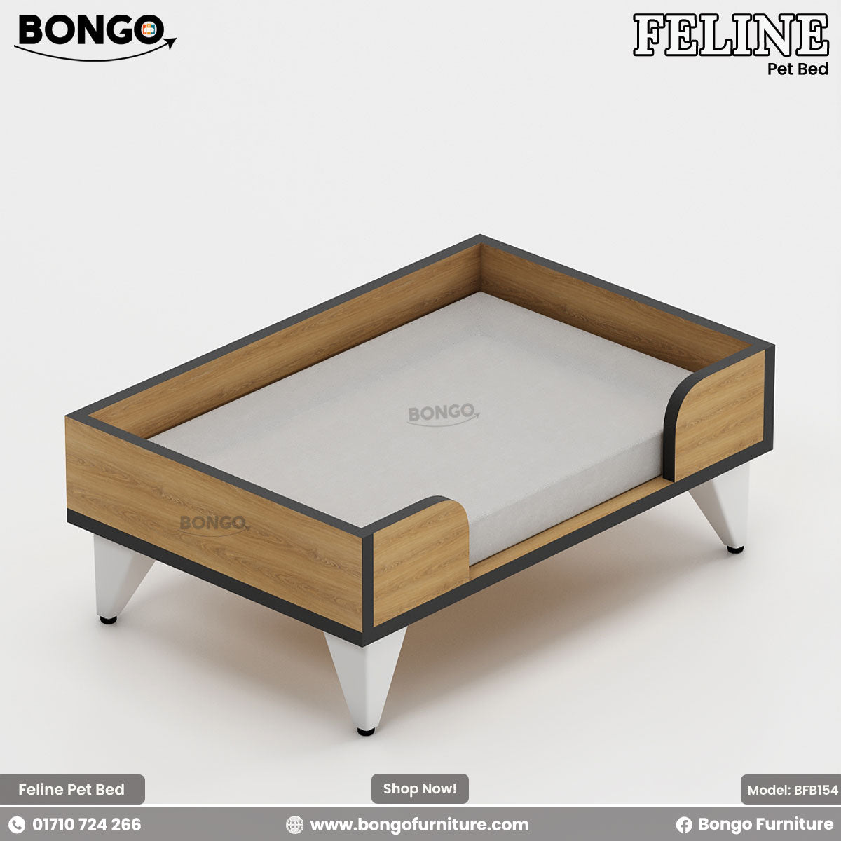 Bongo Feline pet bed with Water Resistant Strong Laminated Board frame and white cushion on a light gray background