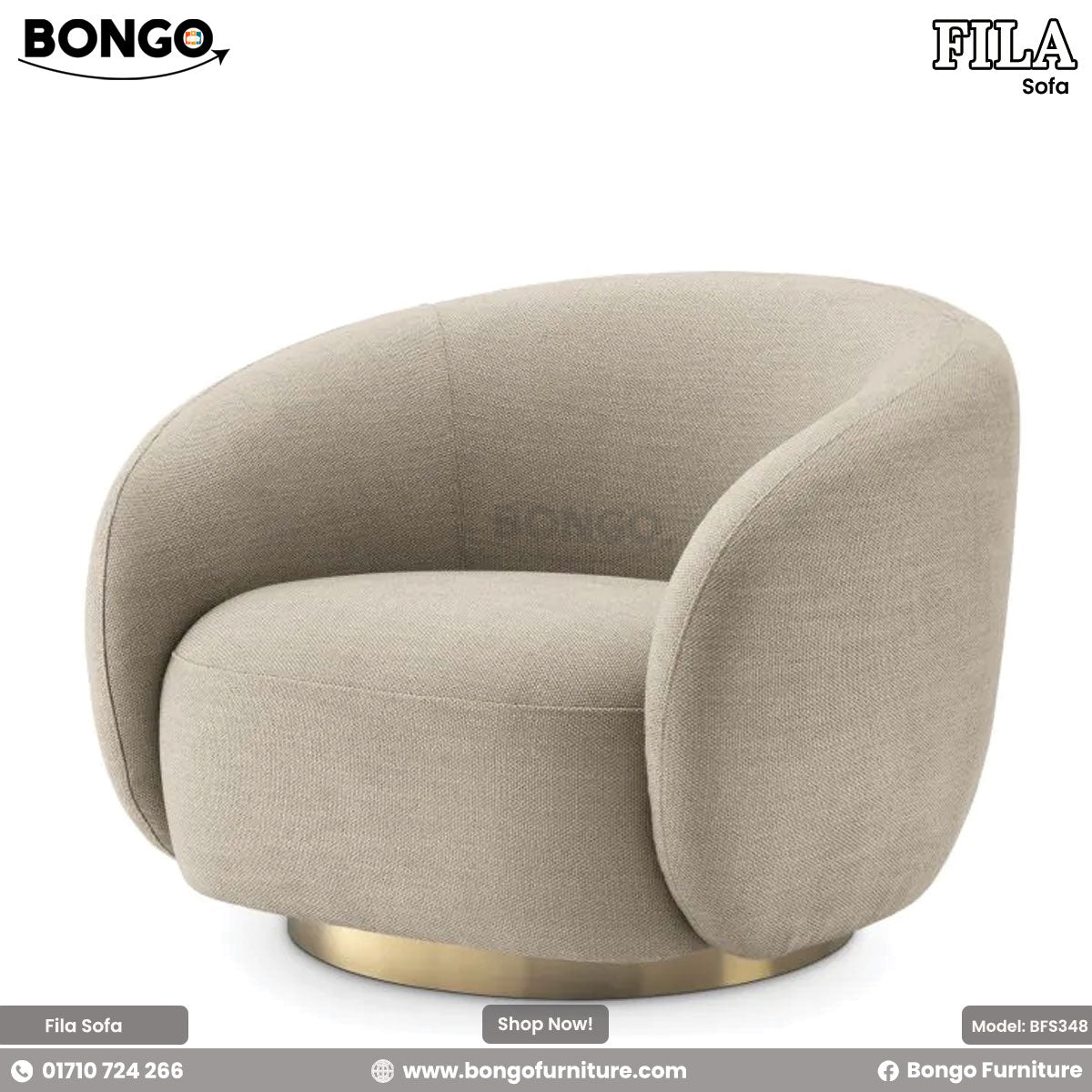 A beige Fila sofa with a modern design, featuring plush foam and a round footstool, displayed against a white background.