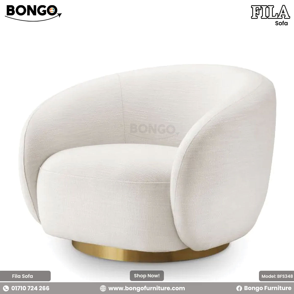 A beige Fila sofa with a modern design, featuring plush foam and a round footstool, displayed against a white background.