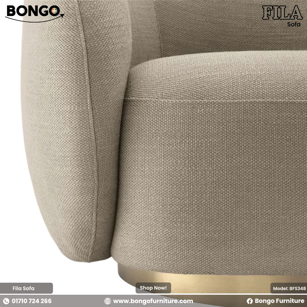 A beige Fila sofa with a modern design, featuring plush foam and a round footstool, displayed against a white background.