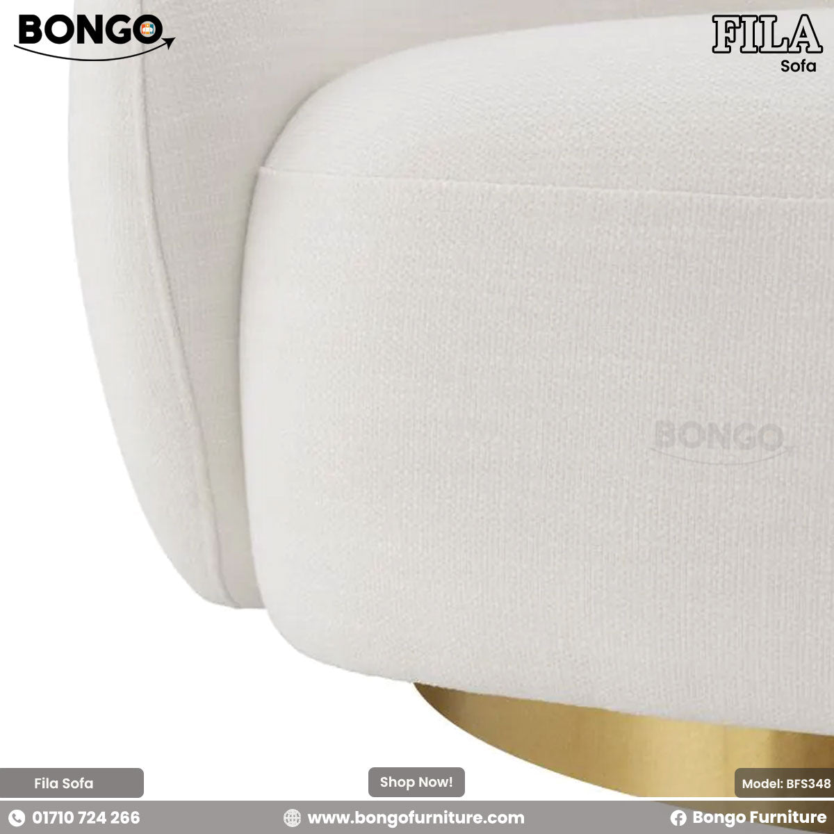 A beige Fila sofa with a modern design, featuring plush foam and a round footstool, displayed against a white background.