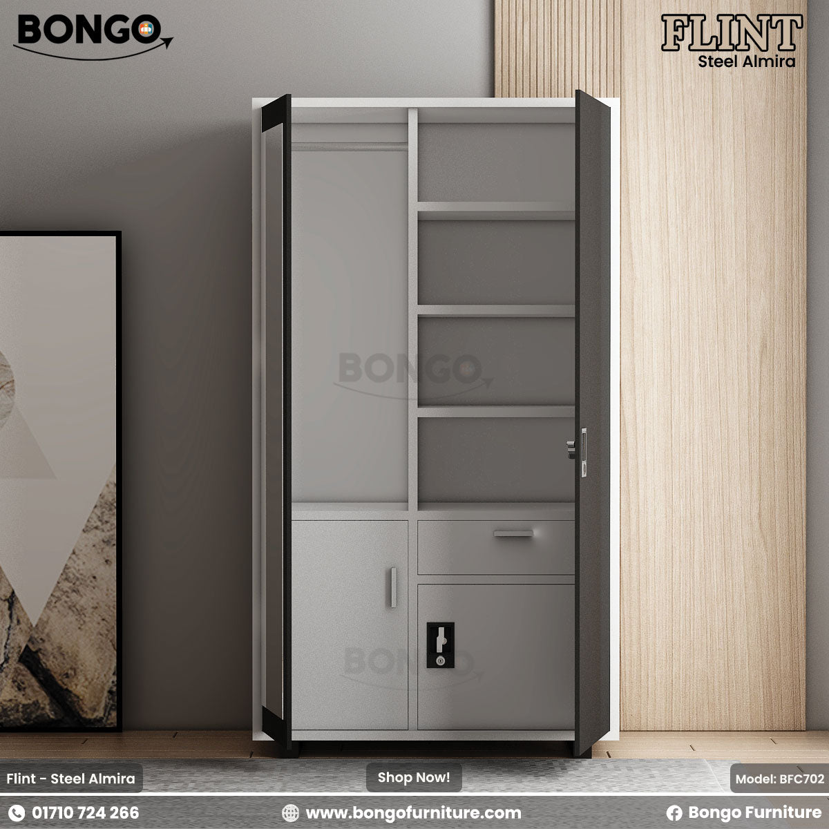 A promotional image of the 'FLINT Steel Almira' from BONGO. The two-door steel wardrobe is shown open, featuring a dark gray exterior and a light gray interior. The left side contains a hanging rail and a small safe, while the right side is fitted with shelves and a drawer.