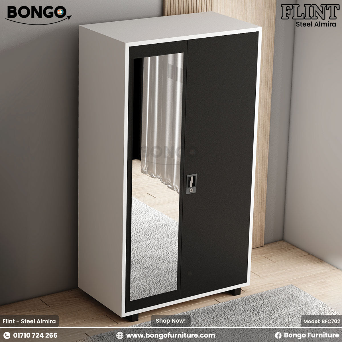 A promotional image of the 'FLINT Steel Almira' from BONGO. The two-door steel wardrobe features a light gray frame and solid black doors. A long, rectangular mirror is inset into the left door. The almira is shown standing in a modern bedroom.
