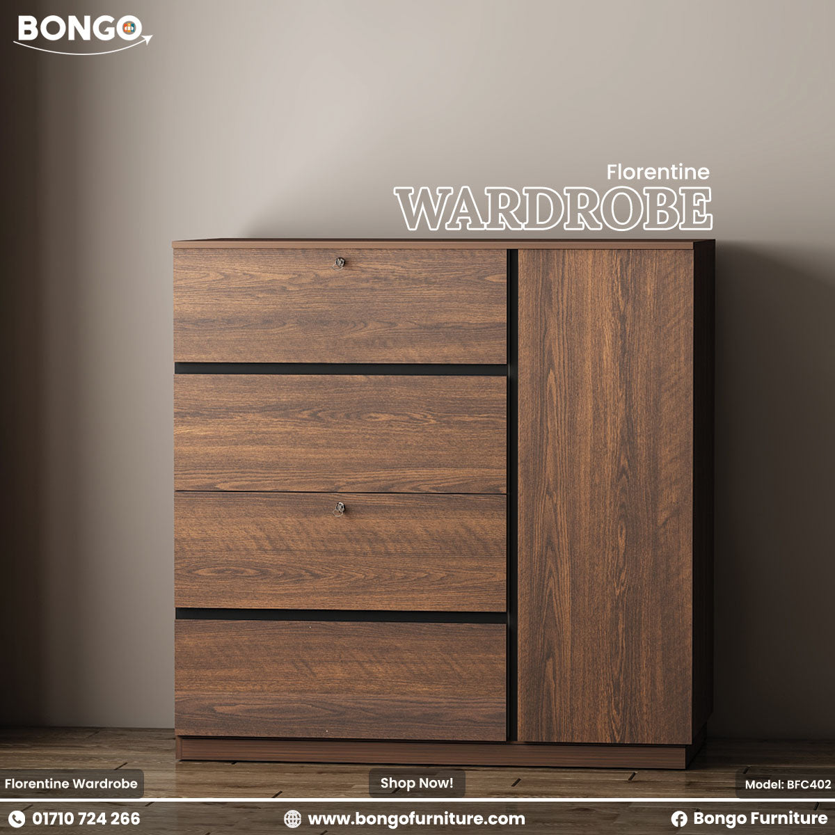 Florentine Wardrobe - 48”x22”x48” - 16mm Water resistant laminated board - Smooth SS Three Per channel drawers - Premium SS door hinges! Color is Antique. Shop Now!