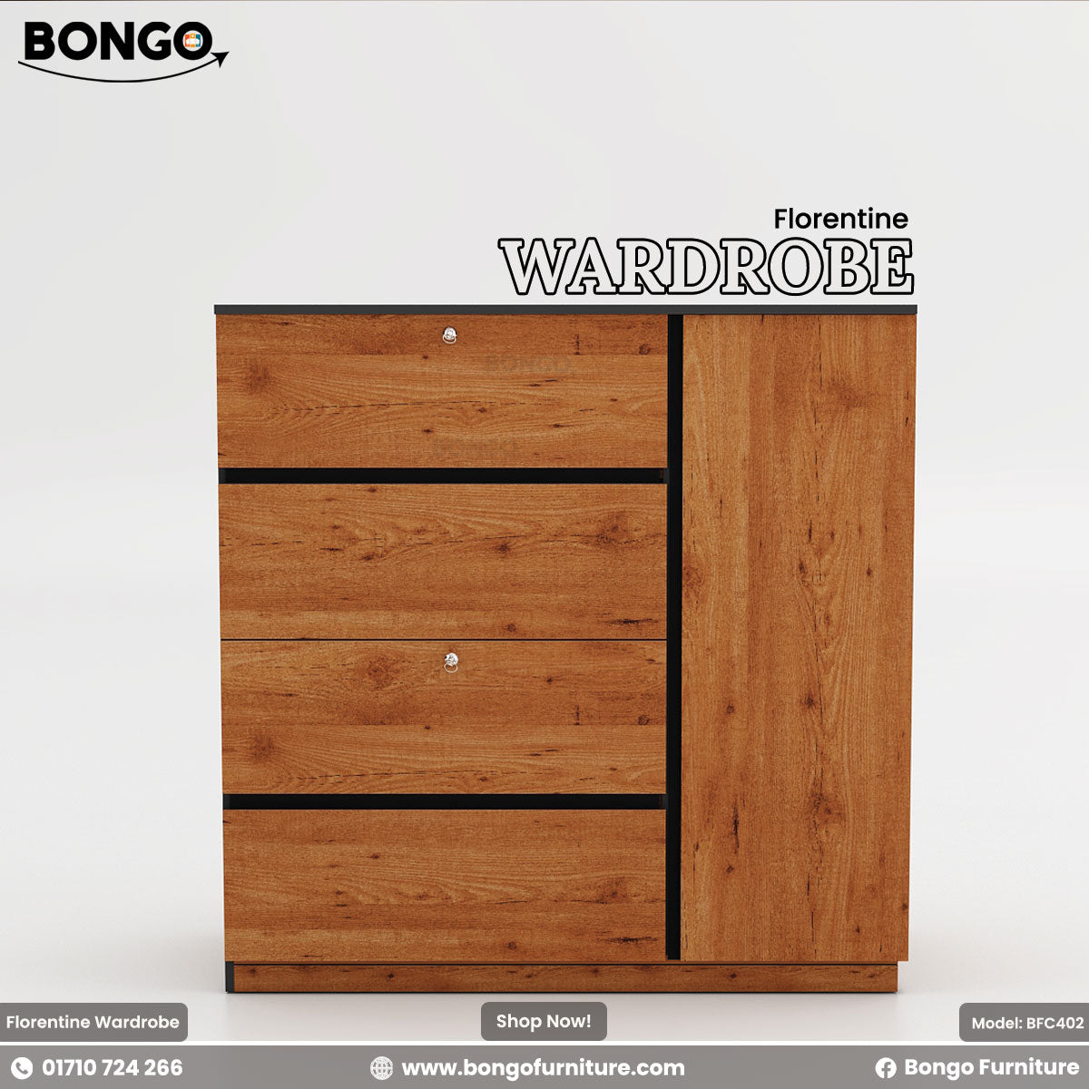 Florentine Wardrobe - 48”x22”x48” - 16mm Water resistant laminated board - Smooth SS Three Per channel drawers - Premium SS door hinges! Color is Granada Pine and Black. Shop Now!
