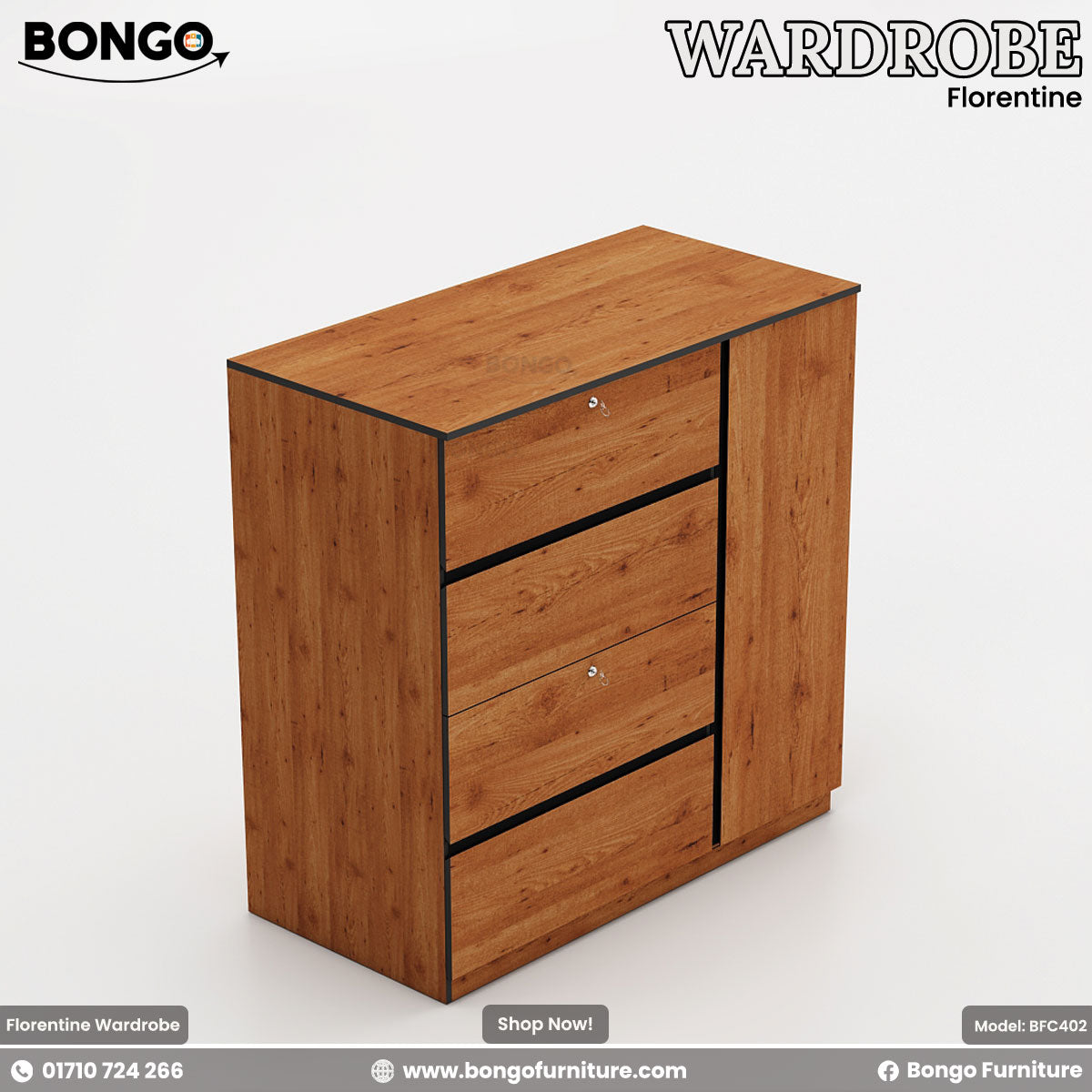 Florentine Wardrobe - 48”x22”x48” - 16mm Water resistant laminated board - Smooth SS Three Per channel drawers - Premium SS door hinges! Color is Granada Pine and Black. Shop Now!