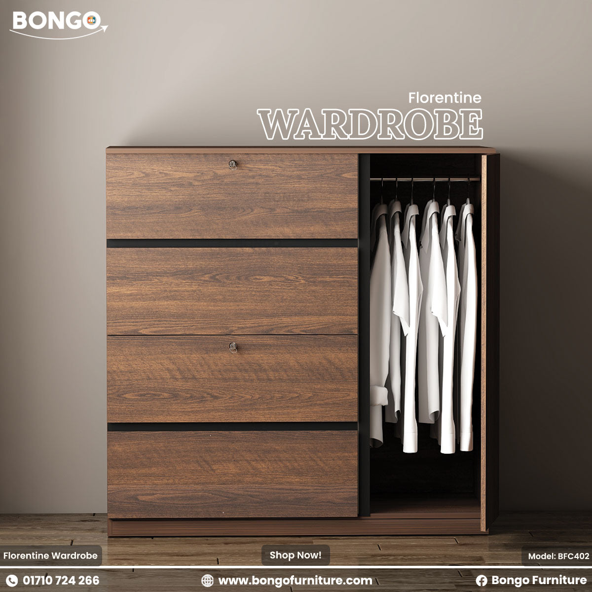 Florentine Wardrobe - 48”x22”x48” - 16mm Water resistant laminated board - Smooth SS Three Per channel drawers - Premium SS door hinges! Color is Antique. Shop Now!