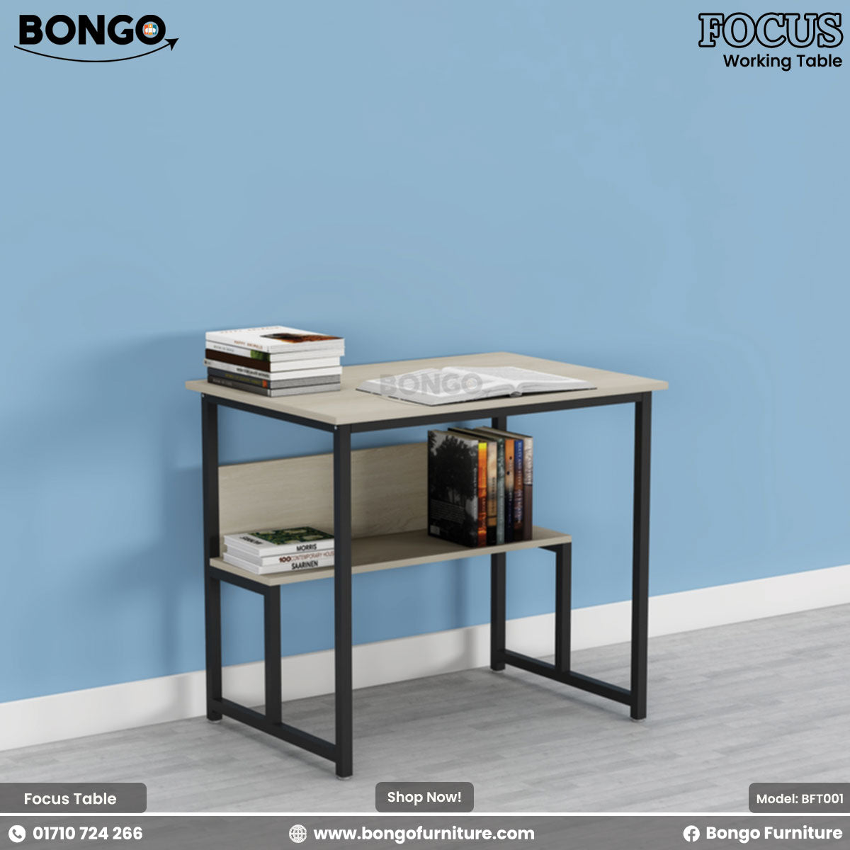 Bongo Focus Working Table with books and a keyboard on a blue wall background