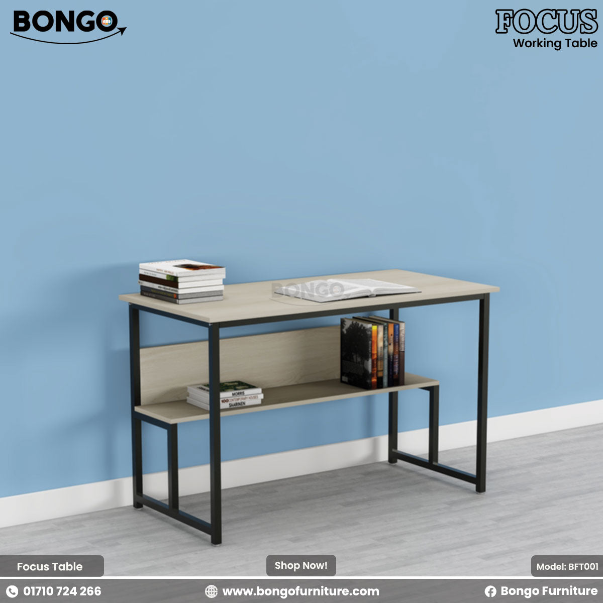 Bongo Focus working table with shelves against a blue wall