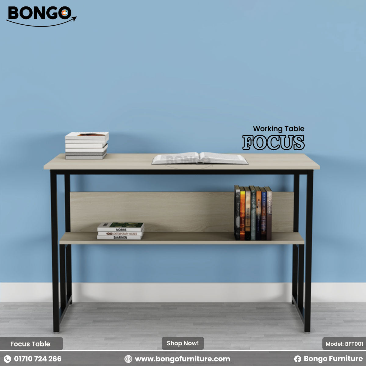Bongo working table with books and a laptop against a blue wall