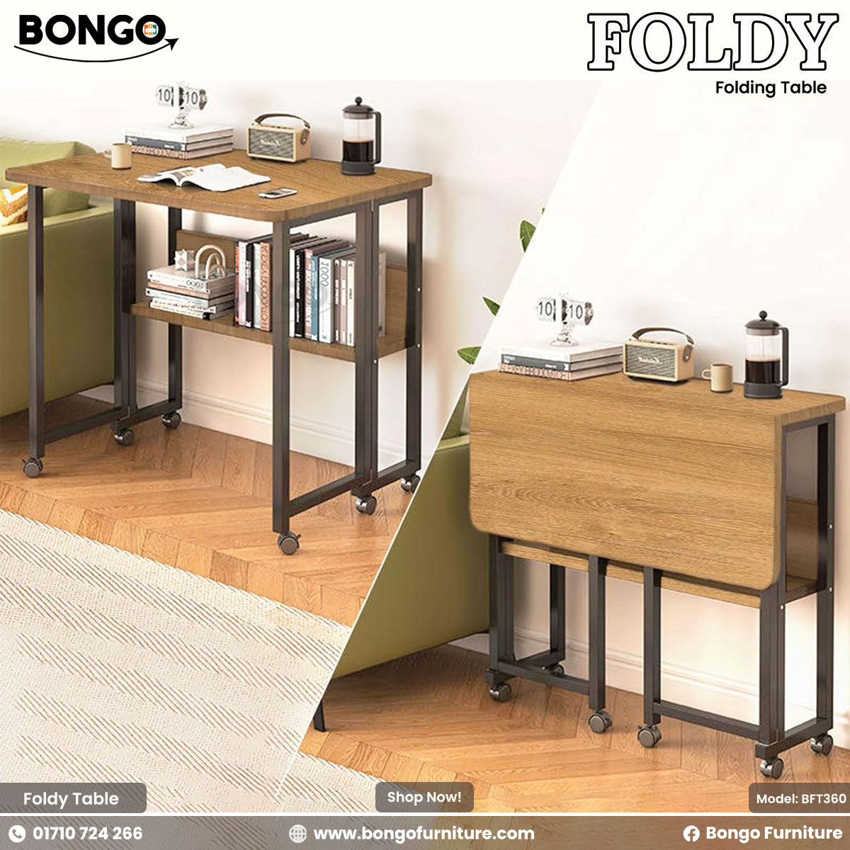 A foldable rectangular table with a Water Resistant Strong Laminated Board tabletop and black metal legs, on wheels, with the brand name 'BONGO' visible.