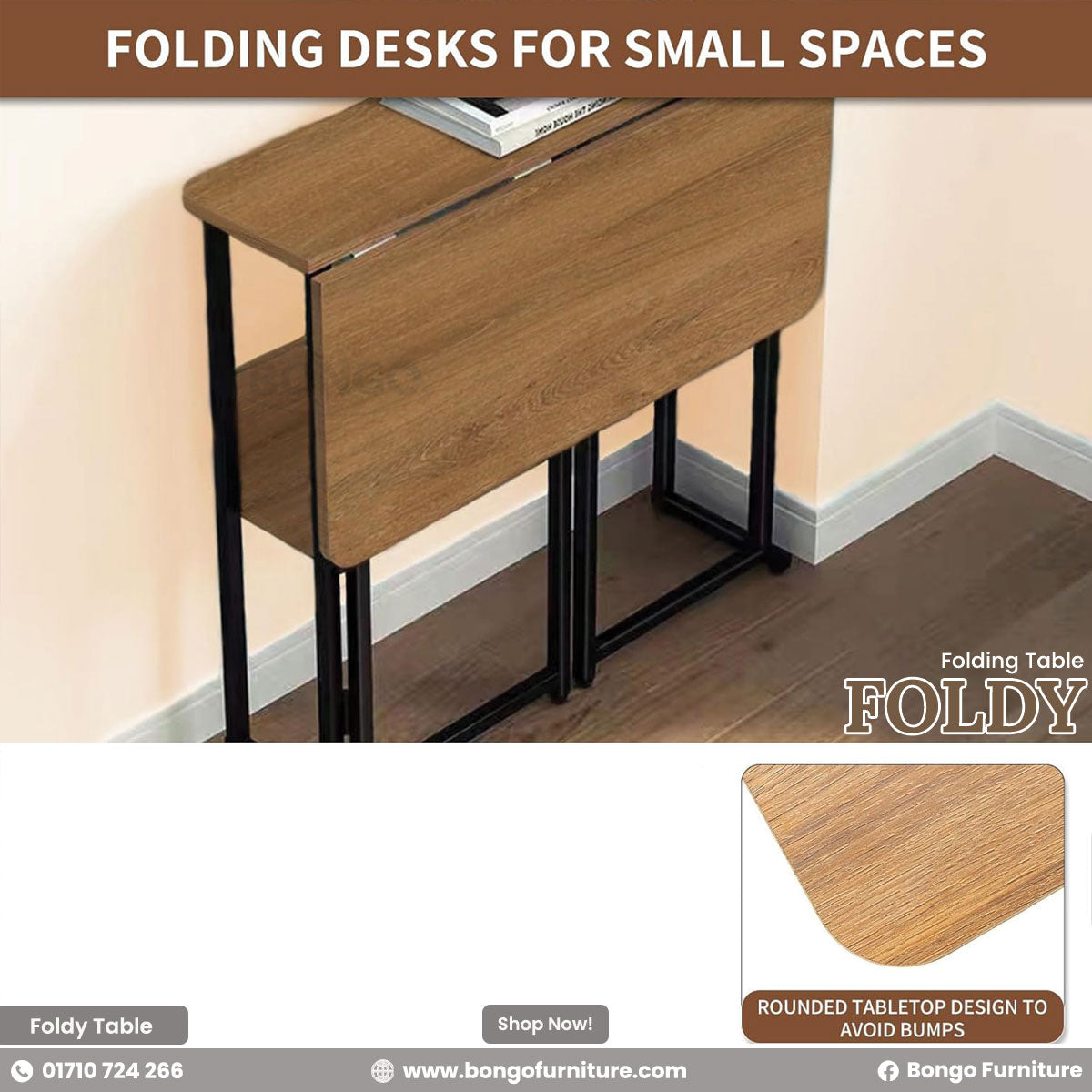 A foldable rectangular table with a Water Resistant Strong Laminated Board tabletop and black metal legs, on wheels, with the brand name 'BONGO' visible.