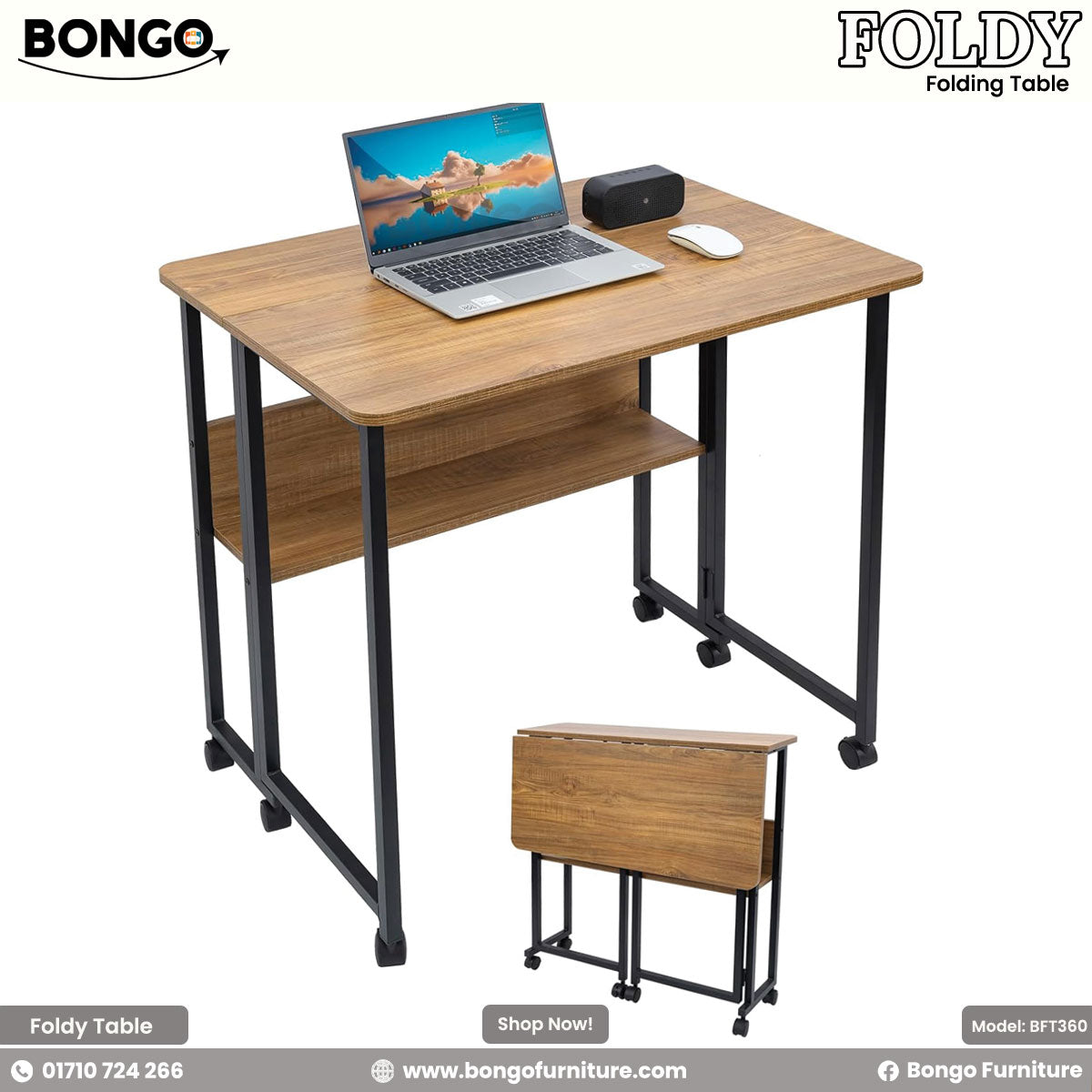 A foldable rectangular table with a Water Resistant Strong Laminated Board tabletop and black metal legs, on wheels, with the brand name 'BONGO' visible.