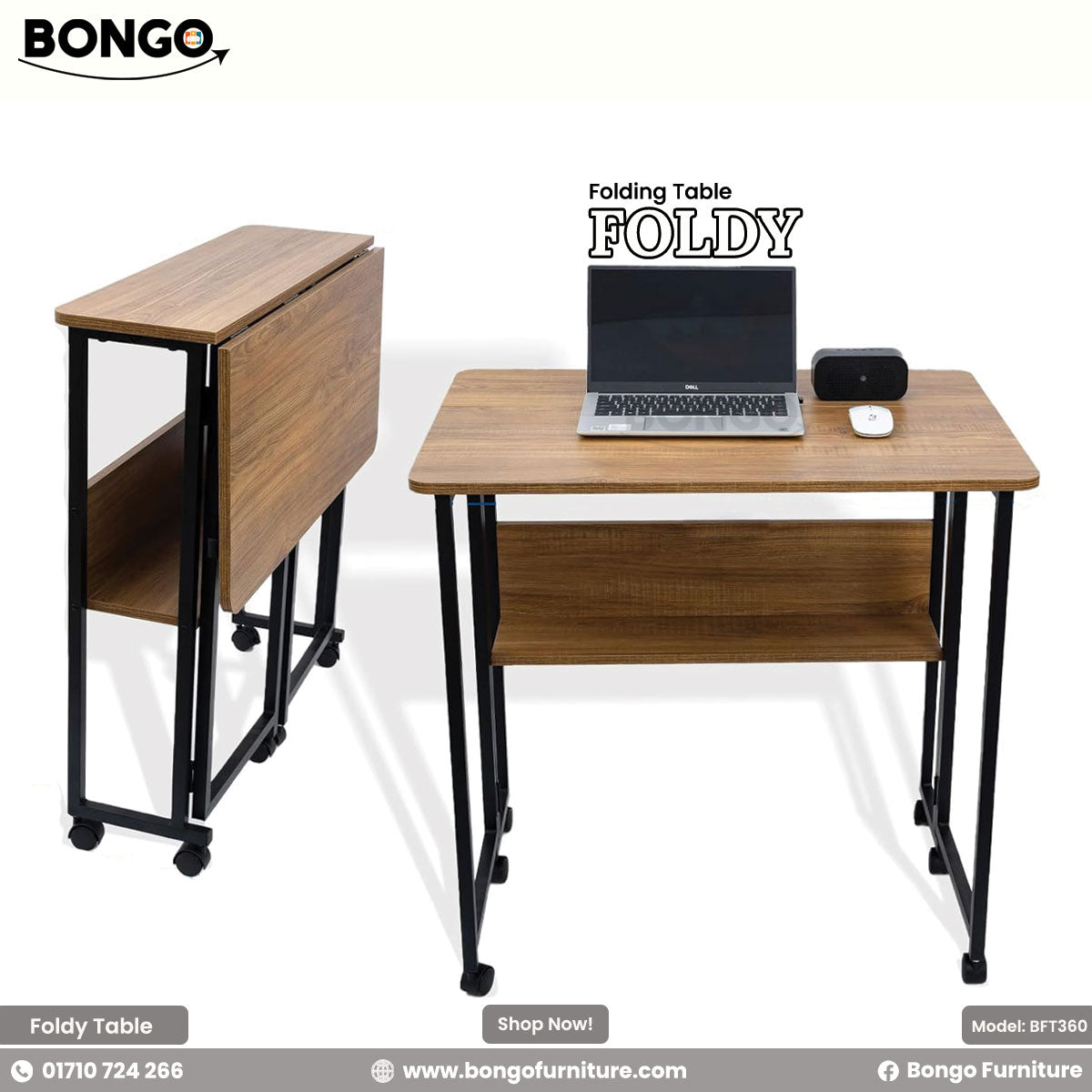 A foldable rectangular table with a Water Resistant Strong Laminated Board tabletop and black metal legs, on wheels, with the brand name 'BONGO' visible.