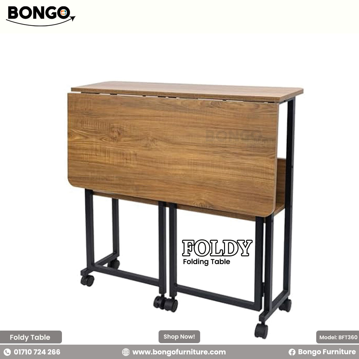 A foldable rectangular table with a Water Resistant Strong Laminated Board tabletop and black metal legs, on wheels, with the brand name 'BONGO' visible.