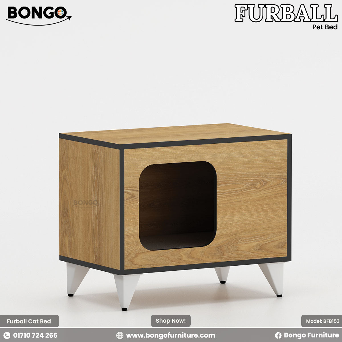 Water Resistant Strong Laminated Board pet bed with a circular entrance on a white background, branded as Bongo Furniture.