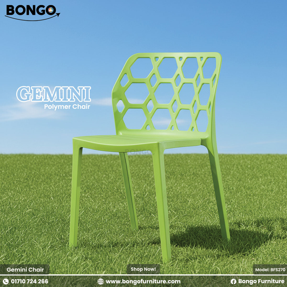 Product photo of the "Gemini Polymer Chair" by BONGO. The black chair features a distinctive backrest with a hexagonal cutout pattern and is displayed outdoors on a green lawn.