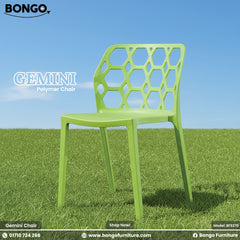 Product photo of the "Gemini Polymer Chair" by BONGO. The black chair features a distinctive backrest with a hexagonal cutout pattern and is displayed outdoors on a green lawn. Product photo of the "Gemini Polymer Chair" by BONGO. The black chair features a distinctive backrest with a hexagonal cutout pattern and is displayed outdoors on a green lawn.