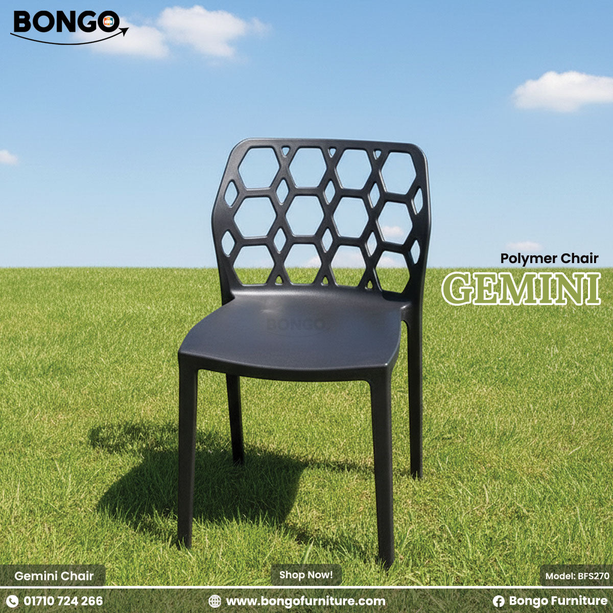 Product photo of the "Gemini Polymer Chair" by BONGO. The black chair features a distinctive backrest with a hexagonal cutout pattern and is displayed outdoors on a green lawn.