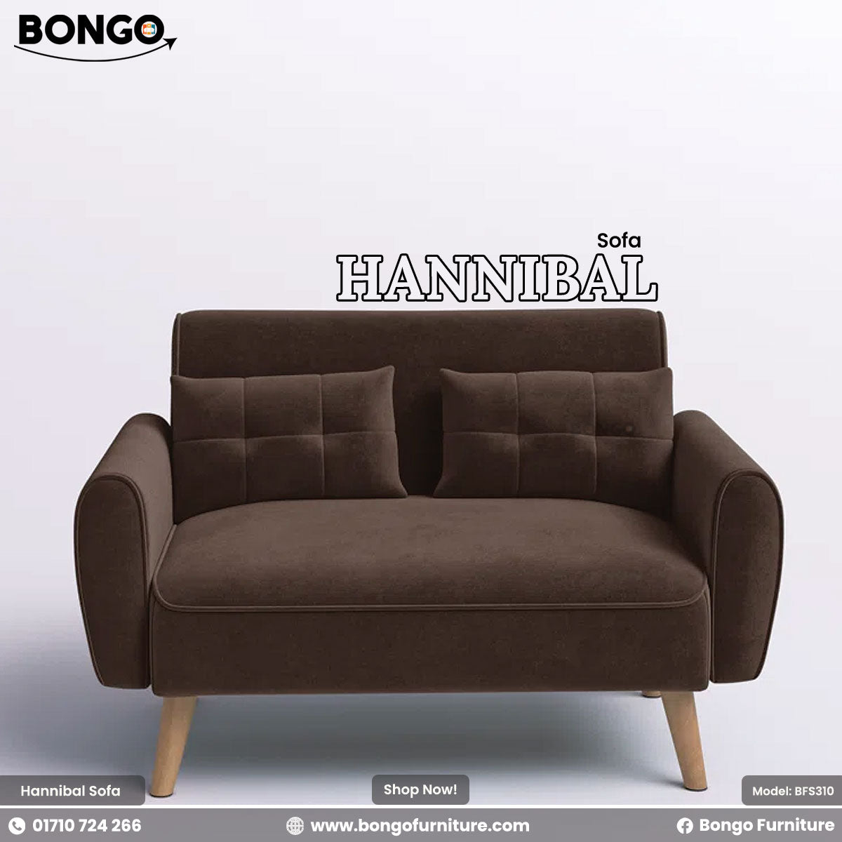 Maroon sofa named Hannibal with Bongo Furniture branding on a light gray background