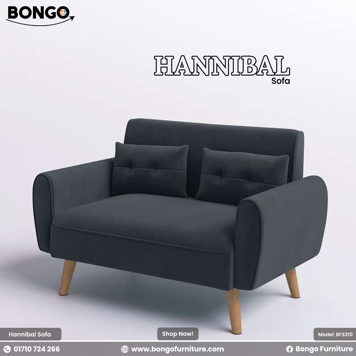 Black sofa with wooden legs on a light gray background, featuring the Bongo Furniture brand.