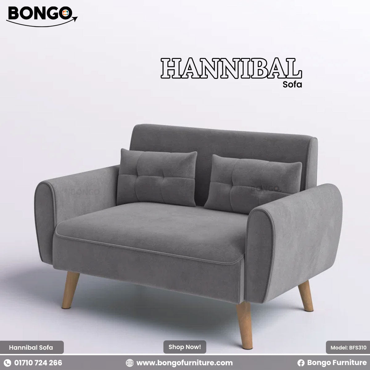 Ash sofa with wooden legs on a light gray background, featuring the Bongo Furniture brand.